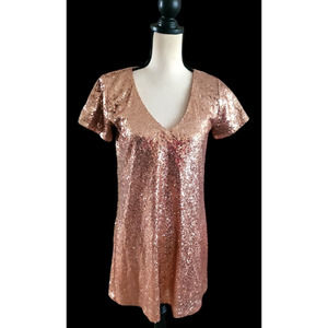 Lulus Light Up The Night Rose Gold Sequin V-Neck Mini Dress Sz S